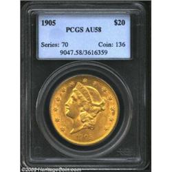 1905 $20 AU58 PCGS. This is a very attractive Double Eagle despite having seen a little light circul