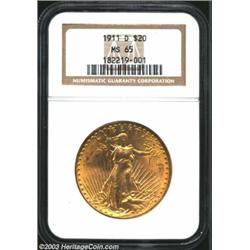 1911-D $20 MS65 NGC. Luscious golden-orange and pink-gold colors are displayed on the boldly struck,