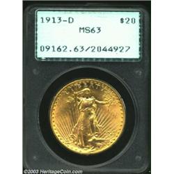 1913-D $20 MS63 PCGS. Sharply struck and lustrous with a few abrasions and luster grazes scattered o