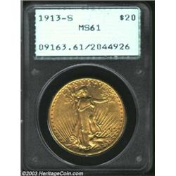 1913-S $20 MS61 PCGS. Numerous small abrasions are scattered over each side of this well struck exam