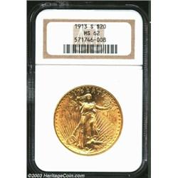 1913-S $20 MS62 NGC. Bright and highly lustrous with a number of small abrasions scattered about, wh