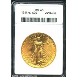 1914-S $20 MS63 ANACS. The bright yellow-orange surfaces are satiny and sharply struck, for the issu