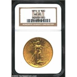 1914-S $20 MS65 NGC. Well struck and highly lustrous, with a modicum of wispy, scratchy contact blem