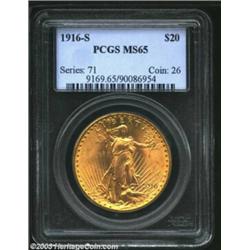 1916-S $20 MS65 PCGS. Deliciously textured surfaces shimmer with full luster and an absence of notab