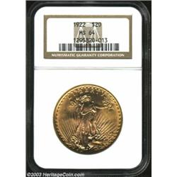 1922 $20 MS64 NGC. This frosty, well preserved example presents an interesting variety of striking e