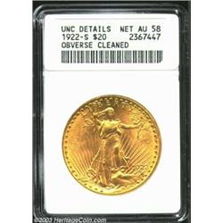 1922-S $20--Obverse Cleaned--ANACS. Unc Details, Net AU58. Lightly hairlined on the obverse and well