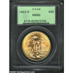 1922-S $20 MS62 PCGS. Bright and lustrous with a few small abrasions scattered about. The 1922-S is.