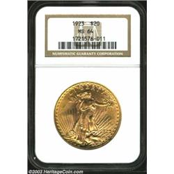 1923 $20 MS64 NGC. A nicely struck Double Eagle with full luster and well-preserved surfaces that sh