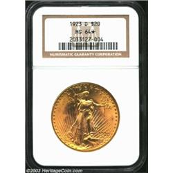 1923-D $20 MS64 * NGC. Blazing luster, a crisp strike, and rich olive-gold color guarantees the eye.