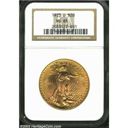 1923-D $20 MS65 NGC. Booming luster, a crisp strike, and impressively unabraded fields confirm that.