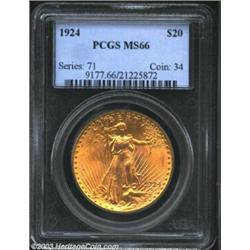1924 $20 MS66 PCGS. Lovely reddish-gold color blankets both sides of this uncommonly well preserved.