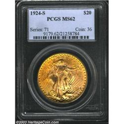 1924-S $20 MS62 PCGS. A bright, frosty example of this heavily melted S-mint. The obverse displays a