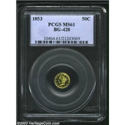 1853 50C Liberty Round 50 Cents, BG-428, R.4, MS61 PCGS. Bright and prooflike yellow-gold luster rad