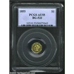 1855 $1 Liberty Octagonal 1 Dollar, BG-533, R.5, AU55 PCGS. The highpoints of the portrait have a hi