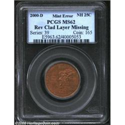 2000-D 25C New Hampshire State Quarter--Reverse Clad Layer Missing--MS62 PCGS. The statehood side ha