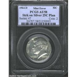 1964-D 50C Half Dollar--Struck on a Silver 25C Planchet--AU58 PCGS. A sharply struck and lightly ton
