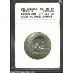 1979-P SBA$ Susan B. Anthony Dollar--Off-Center, Counting Wheel Damage--MS60 ANACS. Unc Details, Net
