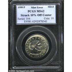1999-P SBA$ Susan B. Anthony Dollar--Struck 10% Off Center--MS62 PCGS. Struck off center at 7 o'cloc
