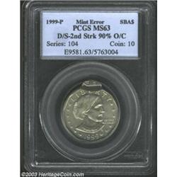1999-P SBA$ Susan B. Anthony Dollar--Double Struck, 2nd Strike 90 Percent Off Center--MS63 PCGS. The