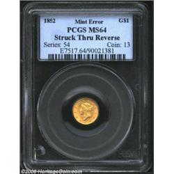 1852 G$1 Gold Dollar--Struck Through Reverse--MS64 PCGS. Most features are crisply detailed, but the