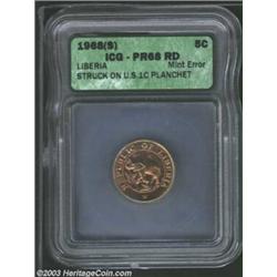 1968 5C Liberia Five Cents--Struck on U.S. 1 Cent Planchet--PR68 Red ICG. KM-13. A boldly struck pie