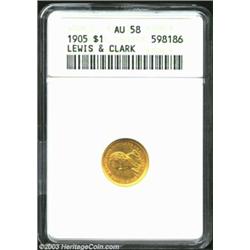 1905 G$1 Lewis and Clark AU58 ANACS. The surfaces have faint slide marks that are typical of brief n