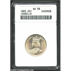 1893 25C Isabella Quarter AU58 ANACS. Both sides are mostly bright with remnants of original luster.