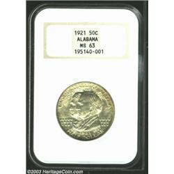 1921 50C Alabama MS63 NGC. The margins have original golden-brown and sea-green patina. The cheek ha