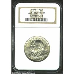 1921 50C Alabama 2x2 MS65 NGC. Fulsome mint bloom radiates from both sides in the absence of all but