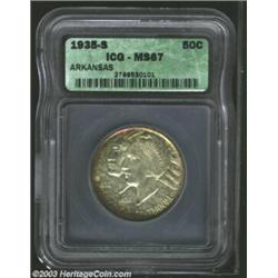 1935-S 50C Arkansas MS67 ICG. Originally patinated in a college of red, gold, and grey, this Superb.