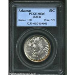 1939-D 50C Arkansas MS66 PCGS. Freckles of apple-green and golden-brown patina visit the margins of.