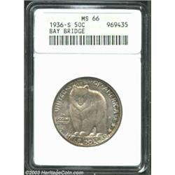 1936-S 50C Bay Bridge MS66 ANACS. Speckled orange-gold and sea-green patina enriches the virtually p