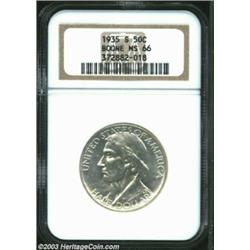 1935-S 50C Boone MS66 NGC. Freckles of golden-brown and powder-blue patina endow this mildly proofli