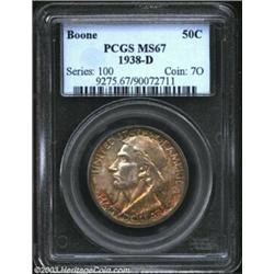 1938-D 50C Boone MS67 PCGS. There is a patchwork of mottled colors on both sides that include orange