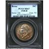 Image 1 : 1938-D 50C Boone MS67 PCGS. There is a patchwork of mottled colors on both sides that include orange