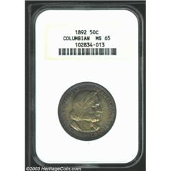 1892 50C Columbian MS65 NGC. Attractive multi-colored toning blankets the surfaces, tending toward a