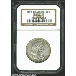 1892 50C Columbian MS65 NGC. Frosty in texture, the fully lustrous surfaces are minimally abraded, a