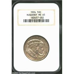 1924 50C Huguenot MS65 NGC. A well-preserved Gem with consistent salmon pink and grey toning on both