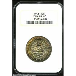1946 50C Iowa MS67 NGC. Deeply and originally toned in shades of burnt umber, gold, and champagne. F