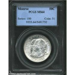 1923-S 50C Monroe MS64 PCGS. Mostly brilliant with a few dabs of deeper russet toning scattered arou