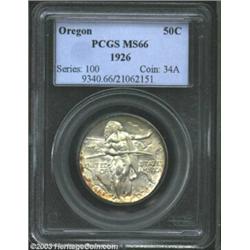1926 50C Oregon MS66 PCGS. An exceptionally attractive and lustrous Oregon Half that shows light gol
