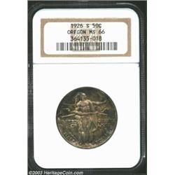 1926-S 50C Oregon MS66 NGC. Deeply toned in dark shades with pastel accents that are certainly origi