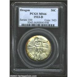 1933-D 50C Oregon MS66 PCGS. Rich, mottled, crimson-russet border accents frame sharp, silver tinged