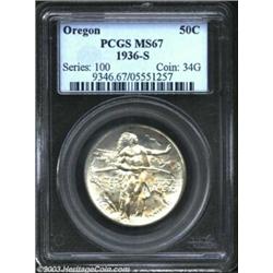 1936-S 50C Oregon MS67 PCGS. Deeply lustrous and nearly free from contact marks, with speckles of li