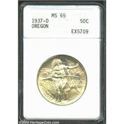 1937-D 50C Oregon MS65 ANACS. A gorgeous Gem with yellow-green and powder-blue patina. The luster is