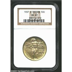 1937-D 50C Oregon MS67 NGC. Moderate olive-gold patina blankets both sides in a smooth, even fashion