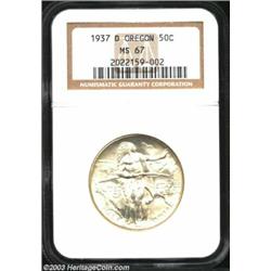 1937-D 50C Oregon MS67 NGC. This smooth, fully lustrous example displays a vibrant silver-white shee