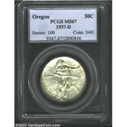 1937-D 50C Oregon MS67 PCGS. Just a hint of delicate silver-gray patina rests atop pristine surfaces
