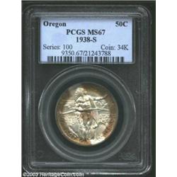 1938-S 50C Oregon MS67 PCGS. The obverse has outstanding tab toning, with rich blushes of sea-green.