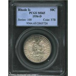 1936-D 50C Rhode Island MS65 PCGS. Soft, frosted mint luster is overlaid by an even layer of pale gr